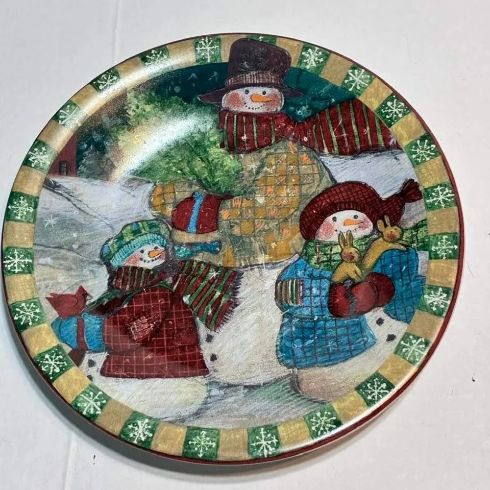 Susan Winget Plates Snowman Multicolor Set of 5 8in Christmas Folk Art Whimsical